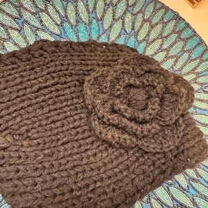 Chunky Handmade Knit Black Headband with Floral Detail